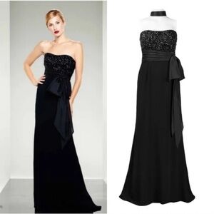 Theia Black Strapless Beaded Chiffon Bow Detail Gown